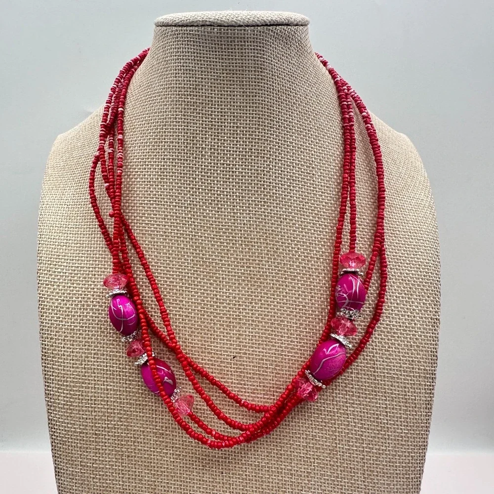 Vintage Y2K Silver Tone Multi Strand Red & Pink Beaded Necklace Jewelry